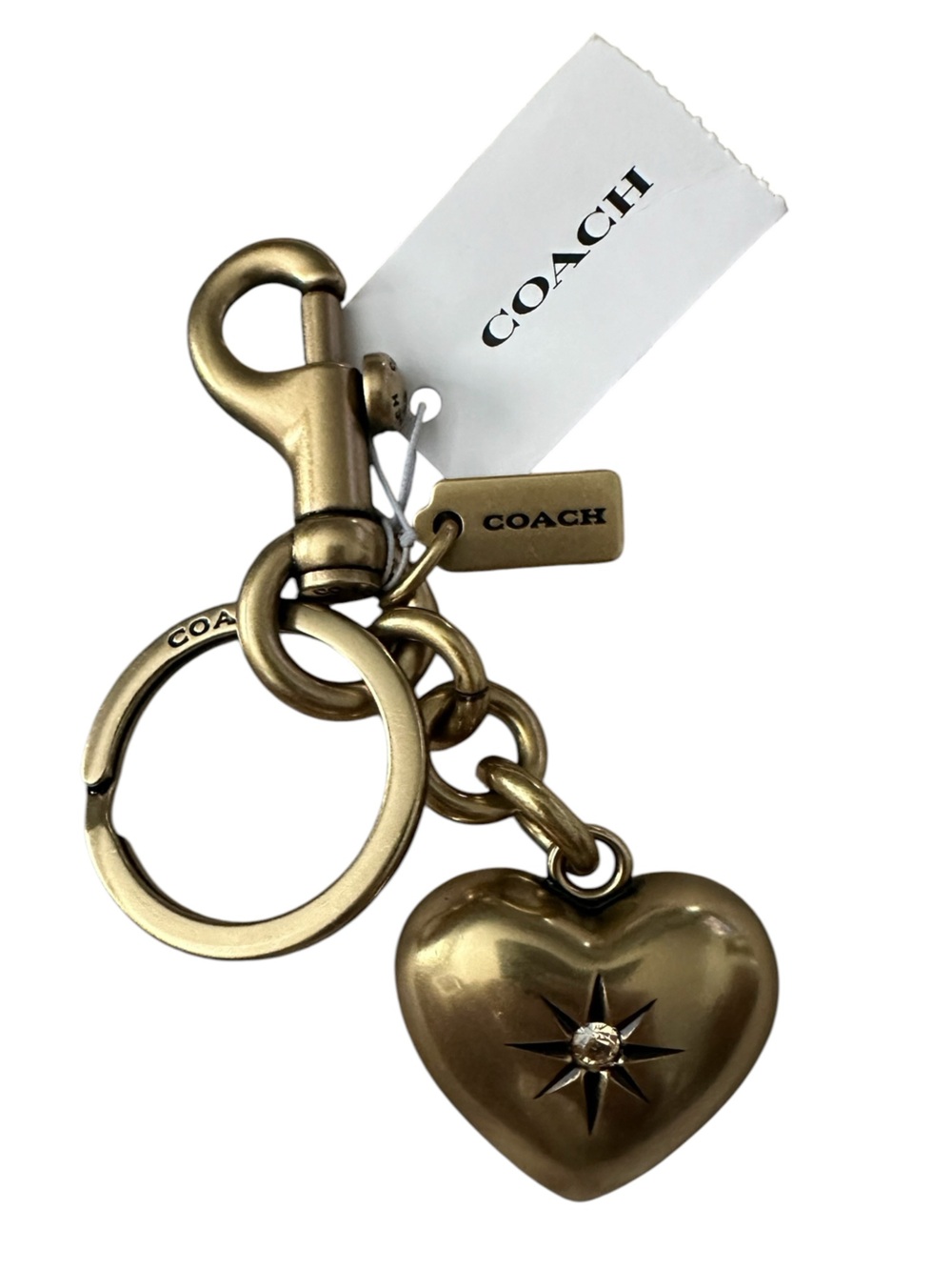 NWT Coach Bursting Heart Bag Charm Keychain — Brass/Gold Tone (Style CE862)